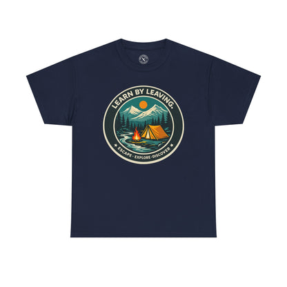 Navy blue unisex t-shirt featuring Learn By Leaving camping circular badge graphic with tent, campfire, mountains and escape explore discover design