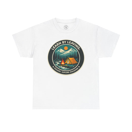 White relaxed fit unisex t-shirt featuring Learn By Leaving camping circular badge graphic with tent, campfire, mountains and escape explore discover design
