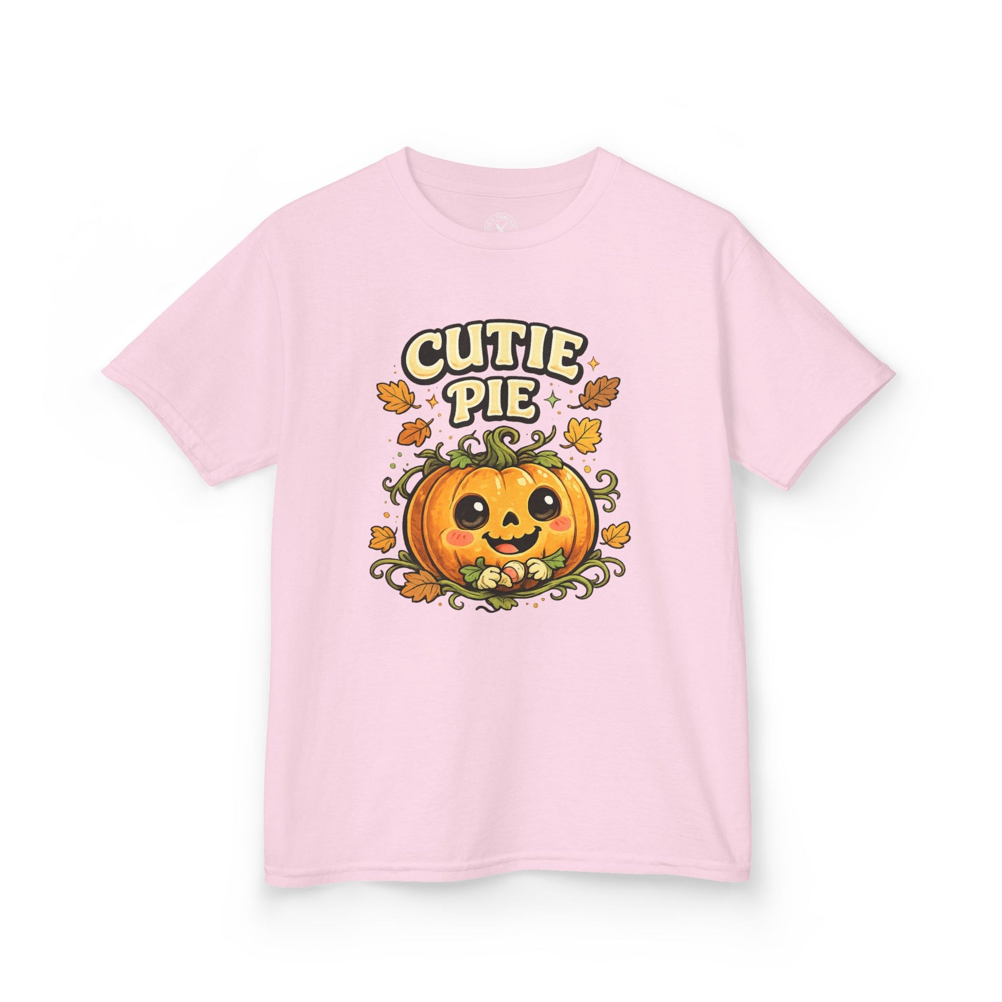 Light pink t-shirt featuring a cute smiling pumpkin with Cutie Pie Halloween graphic print