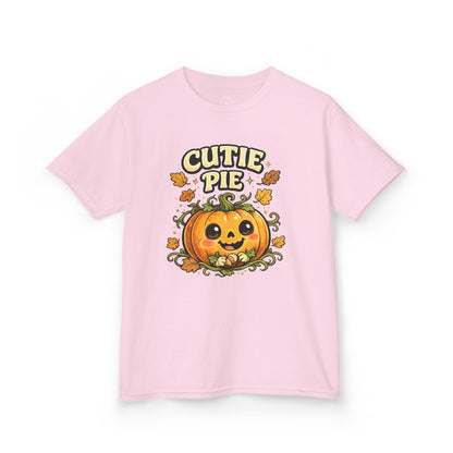 Light pink t-shirt featuring a cute smiling pumpkin with Cutie Pie Halloween graphic print