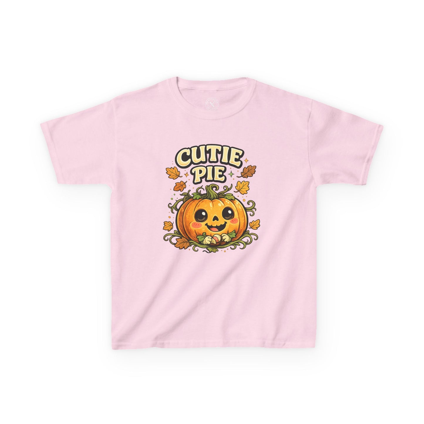Light pink kids Cutie Pie Halloween pumpkin graphic t-shirt featuring a cute smiling jack-o-lantern with autumn leaves design