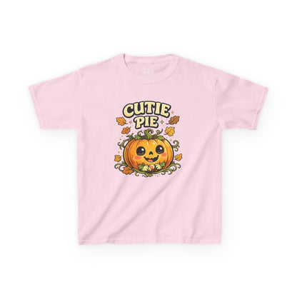 Light pink kids Cutie Pie Halloween pumpkin graphic t-shirt featuring a cute smiling jack-o-lantern with autumn leaves design