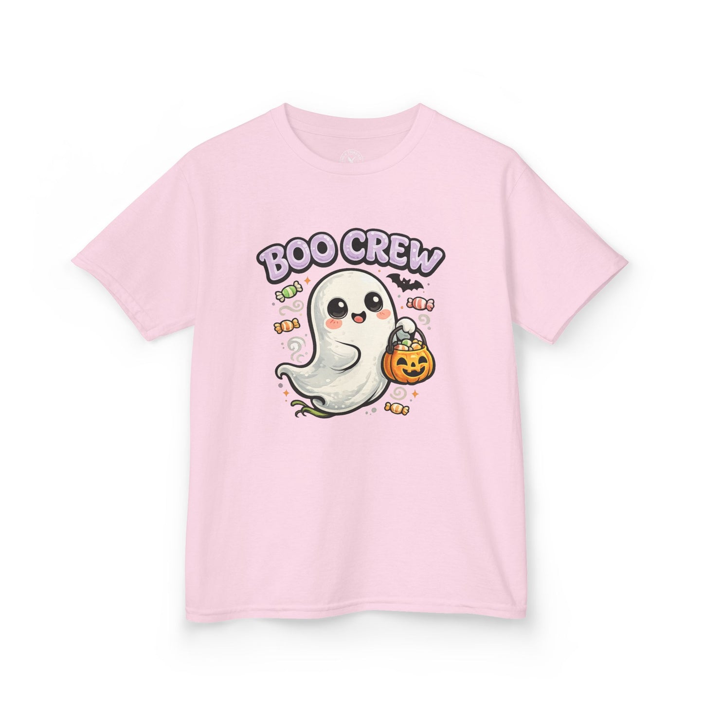 Pink t-shirt with a ghost graphic and 'BOO CREW' text on a white background