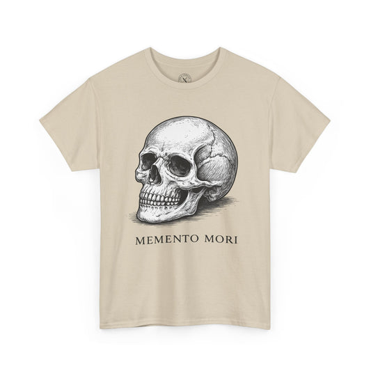 Ink and Thread UK Memento Mori beige t-shirt with skull graphic print and Latin text, front view on white background