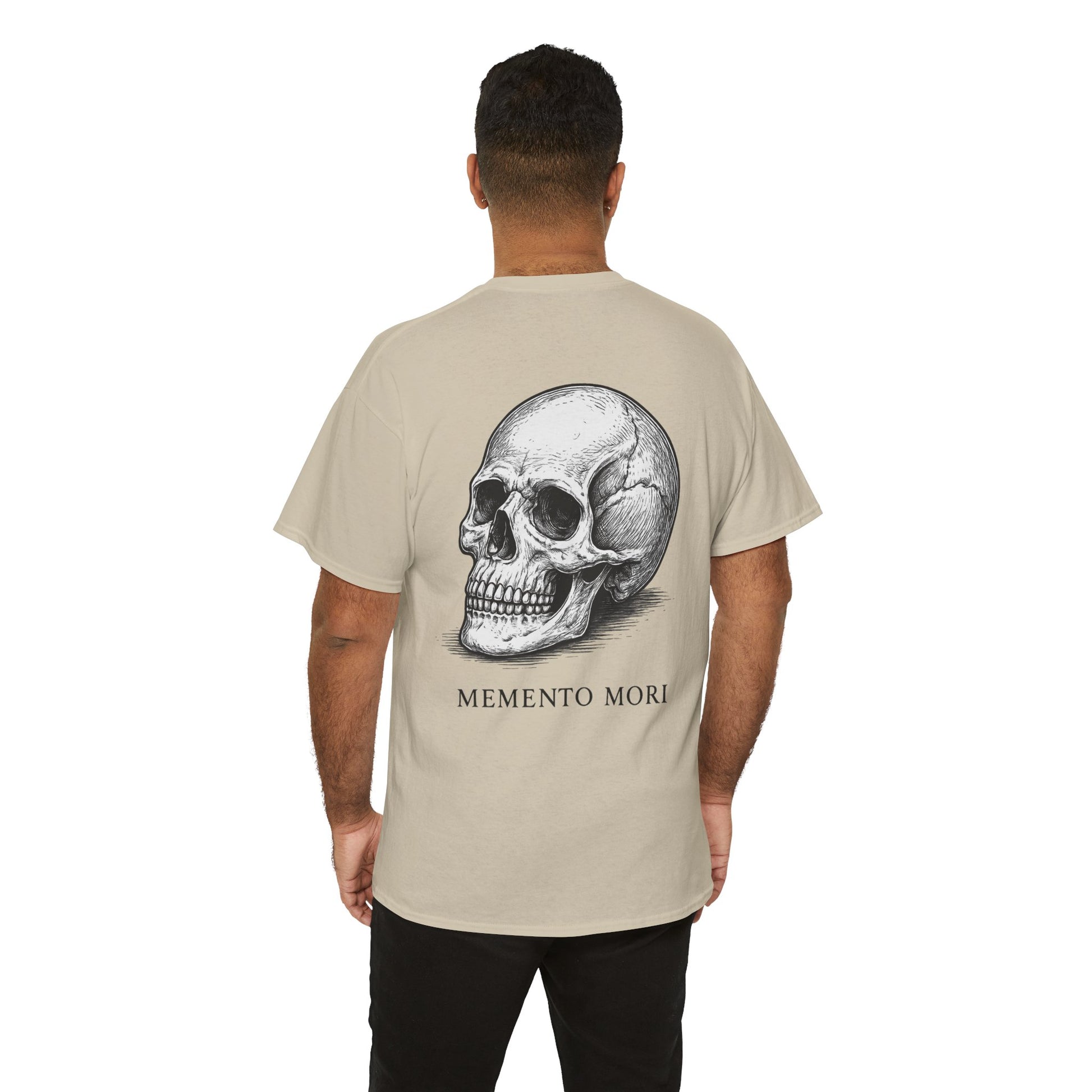 Back view of man wearing sand beige Memento Mori skull graphic t-shirt – premium oversized unisex tee with gothic skull print
