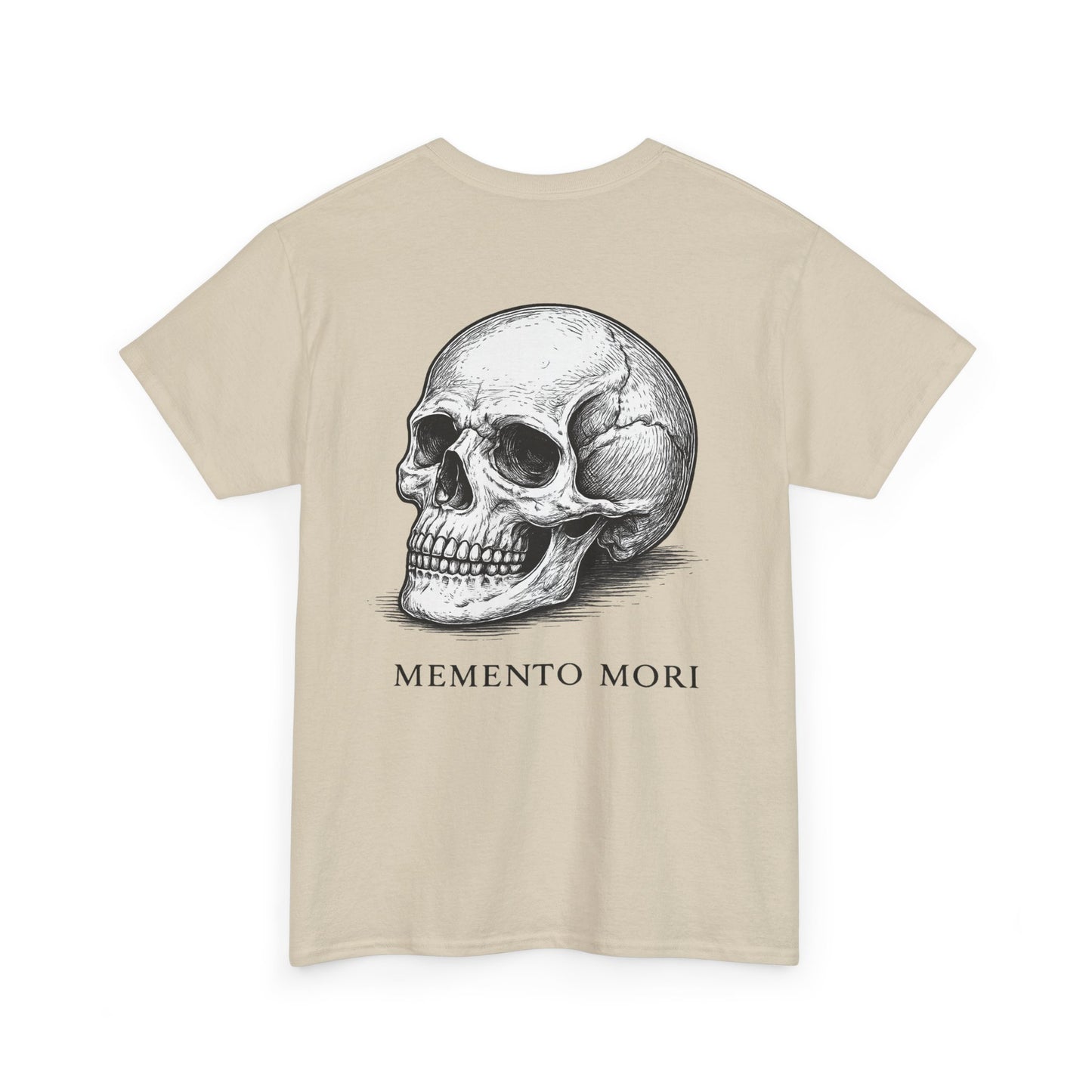 Sand beige Memento Mori skull graphic t-shirt flat lay showing back print design – unisex oversized gothic tee from Ink & Thread UK