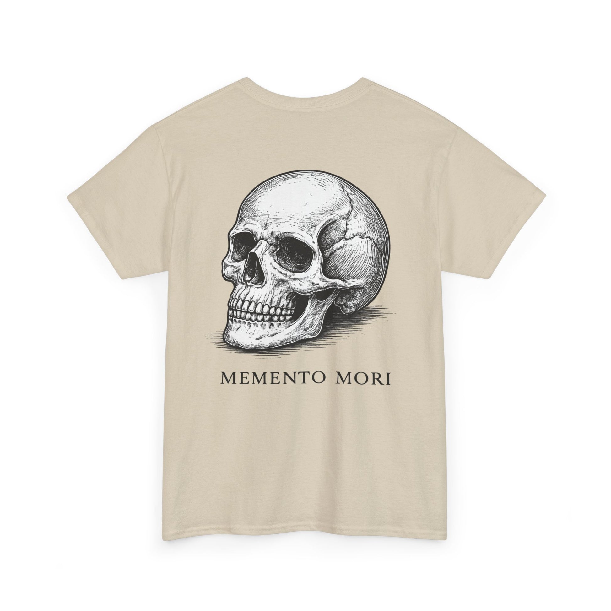 Sand beige Memento Mori skull graphic t-shirt flat lay showing back print design – unisex oversized gothic tee from Ink & Thread UK