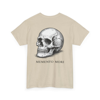 Sand beige Memento Mori skull graphic t-shirt flat lay showing back print design – unisex oversized gothic tee from Ink & Thread UK