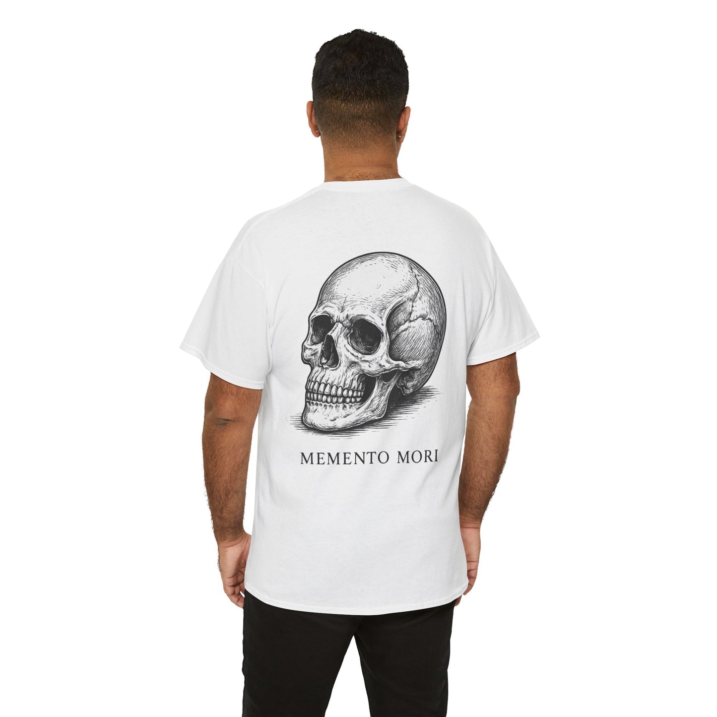 Back view of man wearing white Memento Mori skull graphic t-shirt – oversized unisex tee with gothic skull print design