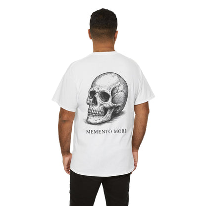 Back view of man wearing white Memento Mori skull graphic t-shirt – oversized unisex tee with gothic skull print design