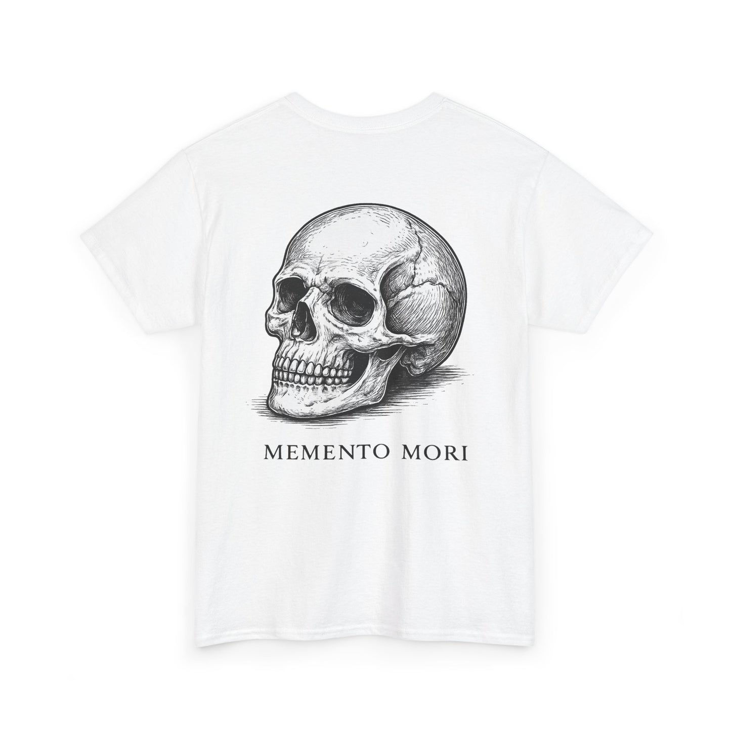 White Memento Mori skull graphic t-shirt flat lay showing back print – gothic unisex oversized tee from Ink & Thread UK