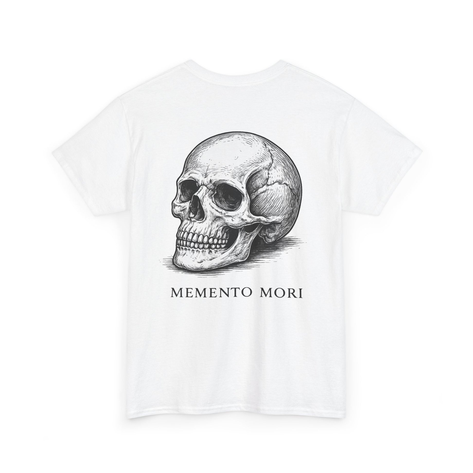 White Memento Mori skull graphic t-shirt flat lay showing back print – gothic unisex oversized tee from Ink & Thread UK
