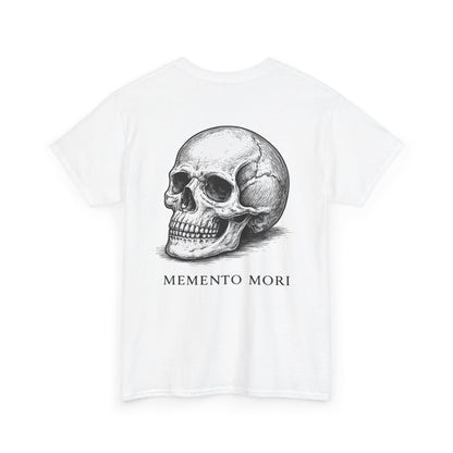 White Memento Mori skull graphic t-shirt flat lay showing back print – gothic unisex oversized tee from Ink & Thread UK