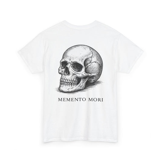White Memento Mori skull graphic t-shirt flat lay showing back print – gothic unisex oversized tee from Ink & Thread UK