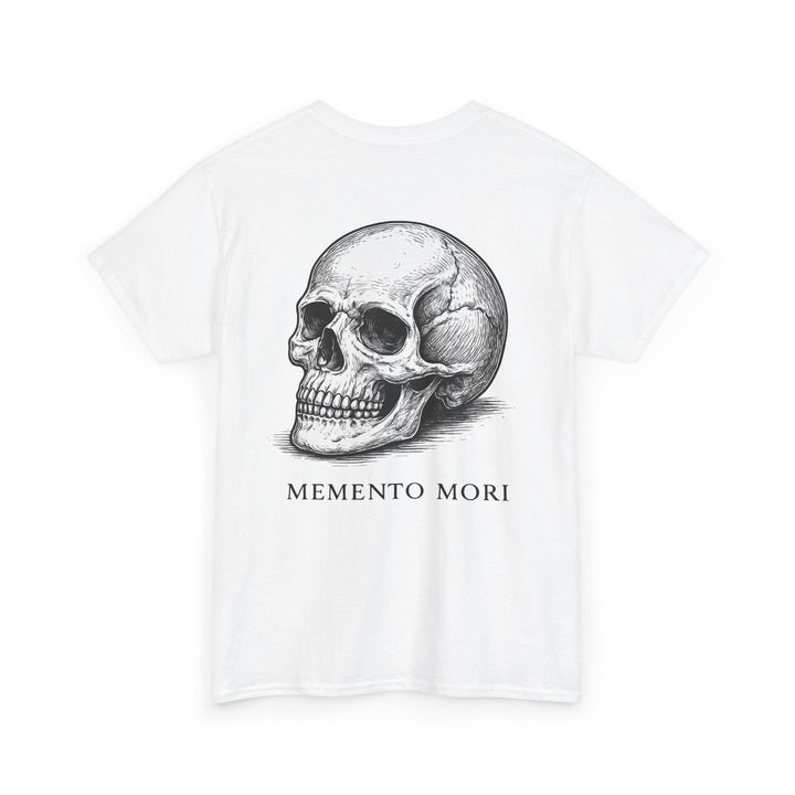 White Memento Mori skull graphic t-shirt flat lay showing back print – gothic unisex oversized tee from Ink & Thread UK