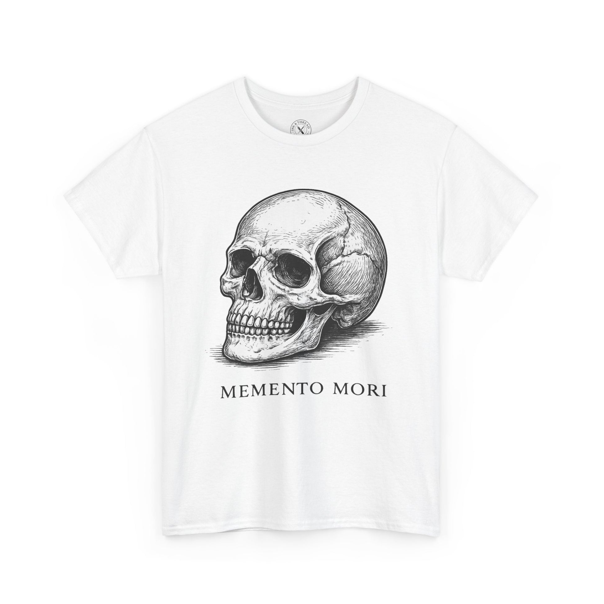 Ink and Thread UK Memento Mori white t-shirt with skull graphic print and Latin text, front view on white background