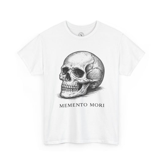 Ink and Thread UK Memento Mori white t-shirt with skull graphic print and Latin text, front view on white background