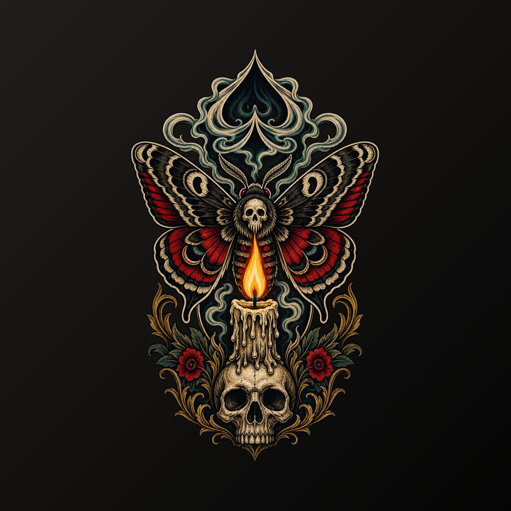 Moth and candle tattoo graphic with flame and smoke