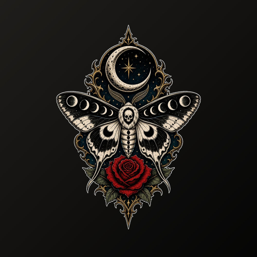 Moth and moon tattoo graphic with crescent and shadow