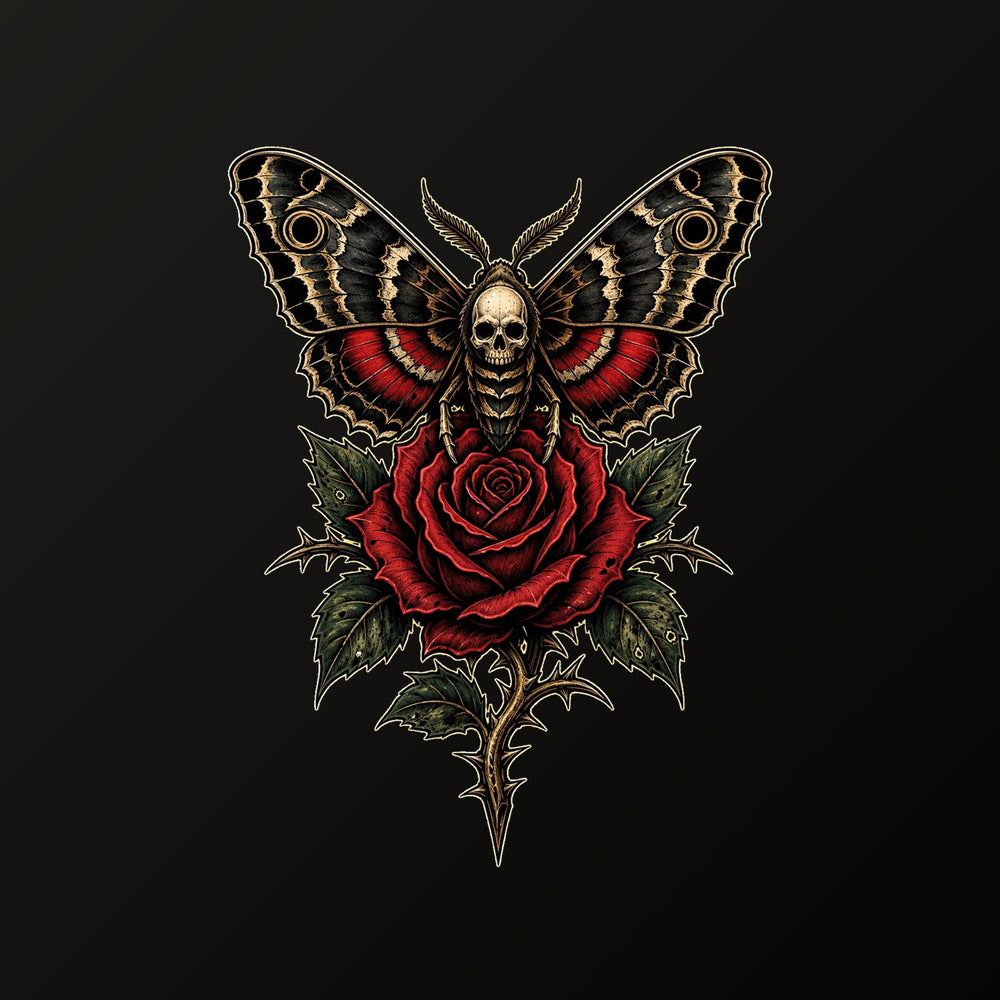 Gothic moth and rose tattoo graphic with thorns