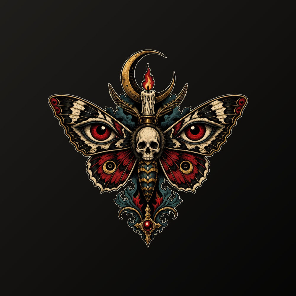 Gothic moth tattoo emblem with candle, moon and skull