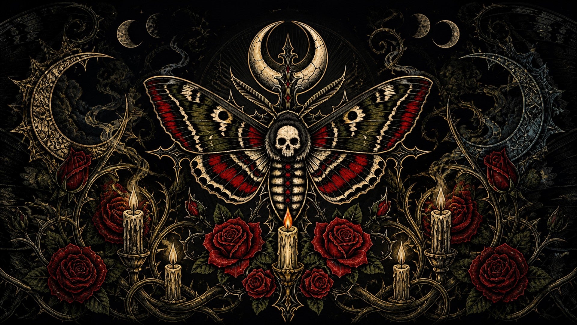 Gothic moth tattoo banner with skull moth, candles, roses and moons