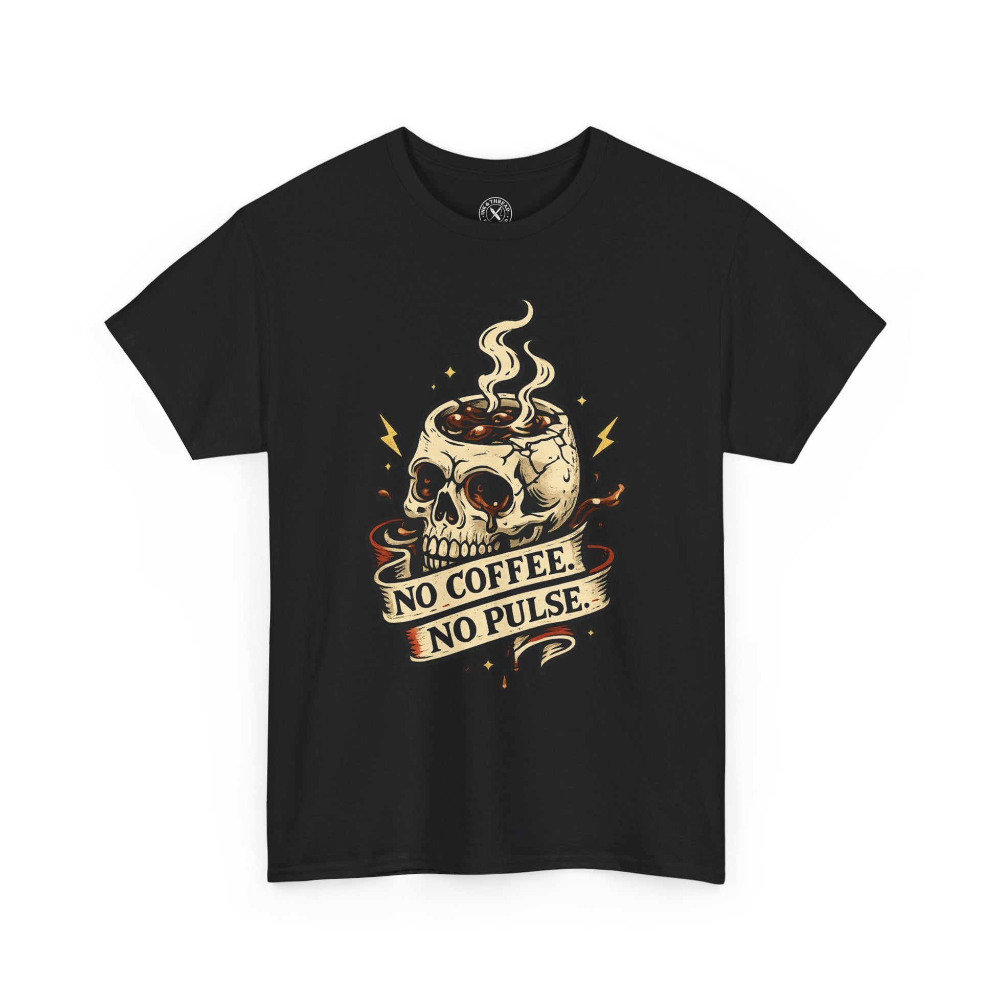 "No Coffee No Pulse" skull graphic t-shirt in black, Ink & Thread