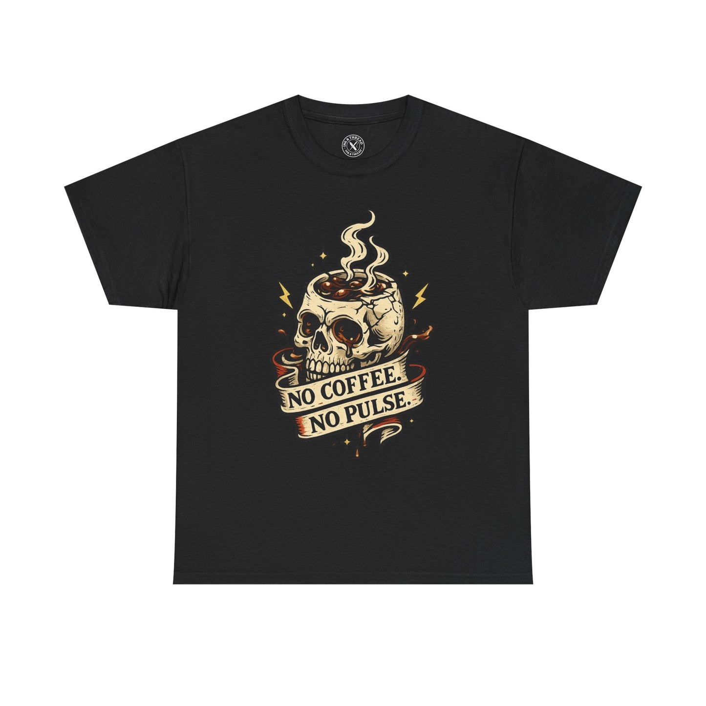 Black t-shirt with a skull coffee cup graphic and No Coffee No Pulse text on a white background