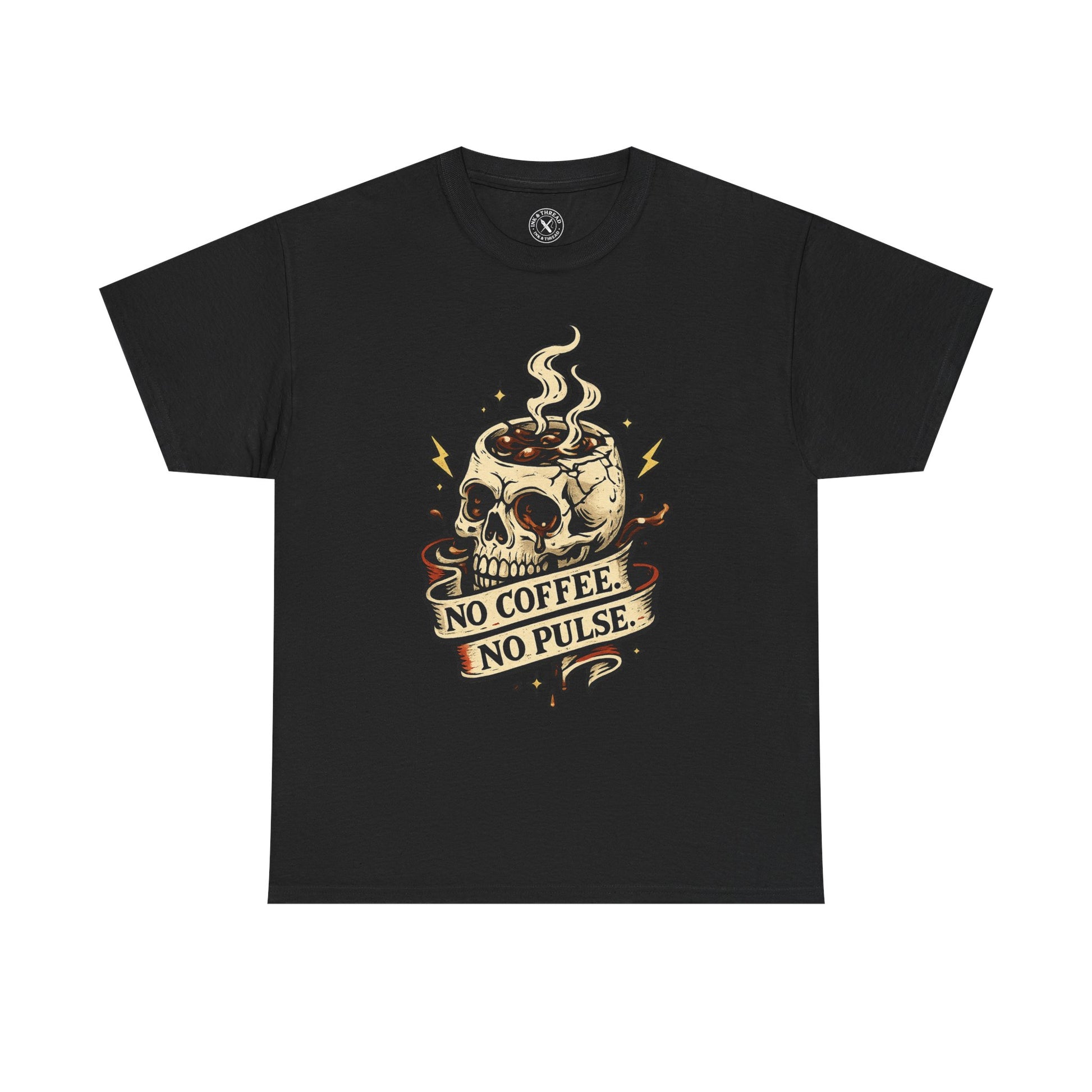 Black t-shirt with a skull coffee cup graphic and No Coffee No Pulse text on a white background
