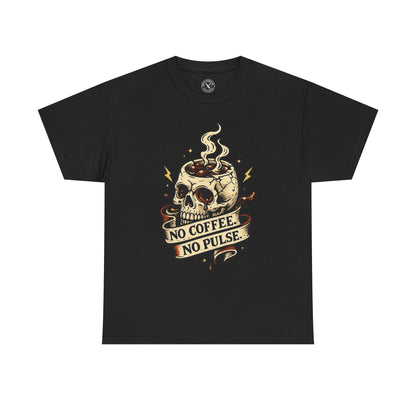 Black t-shirt with a skull coffee cup graphic and No Coffee No Pulse text on a white background
