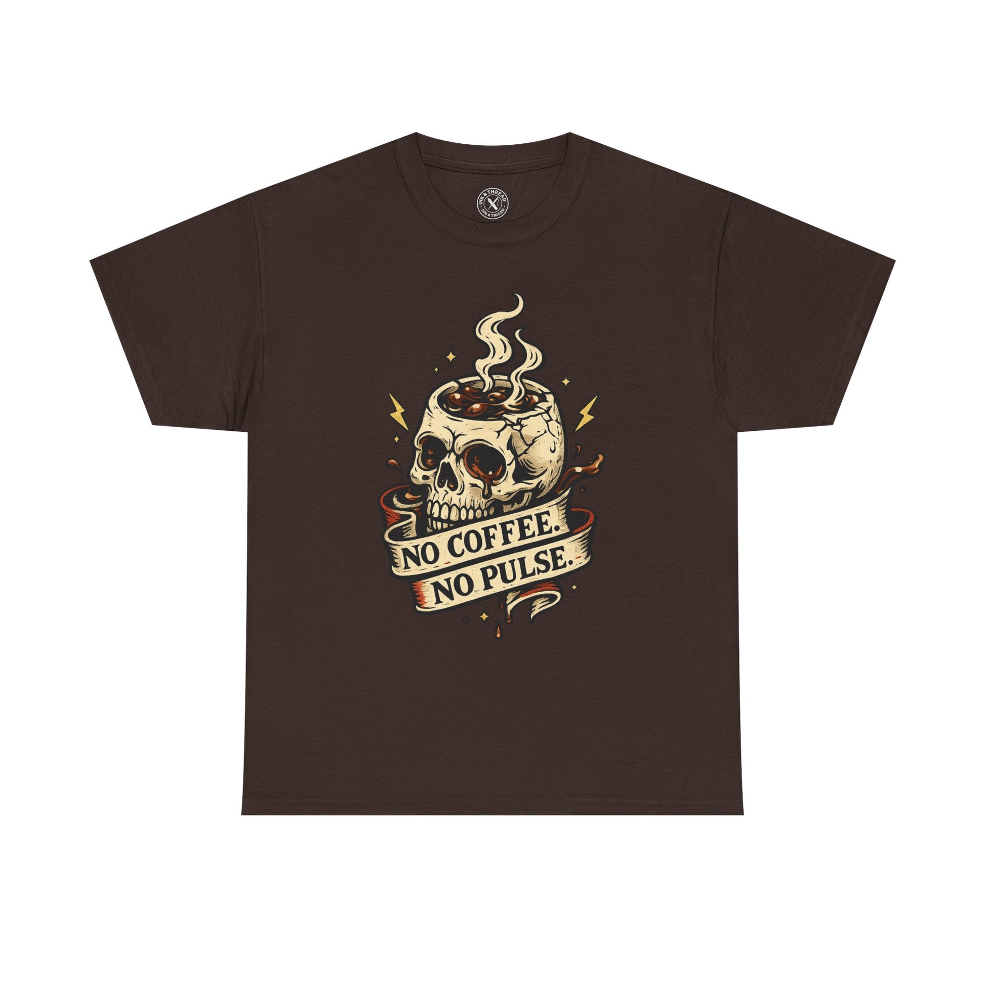 "No Coffee No Pulse" skull graphic t-shirt in dark brown, Ink & Thread