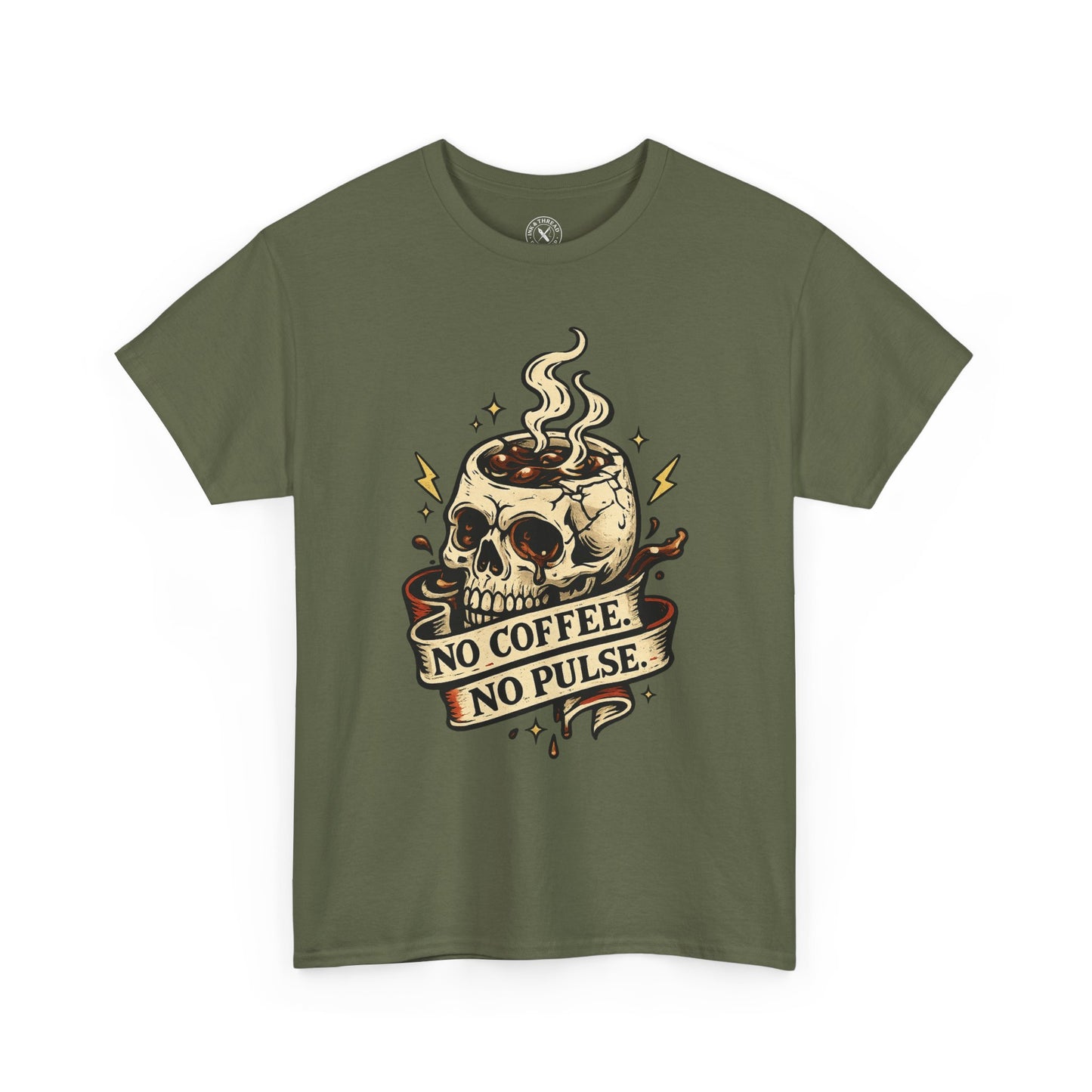 Military green t-shirt with a skull coffee cup graphic and No Coffee No Pulse text on a white background