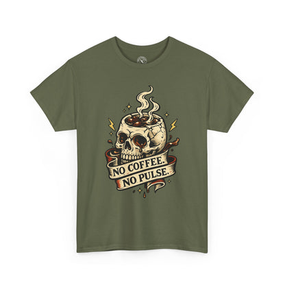 Military green t-shirt with a skull coffee cup graphic and No Coffee No Pulse text on a white background