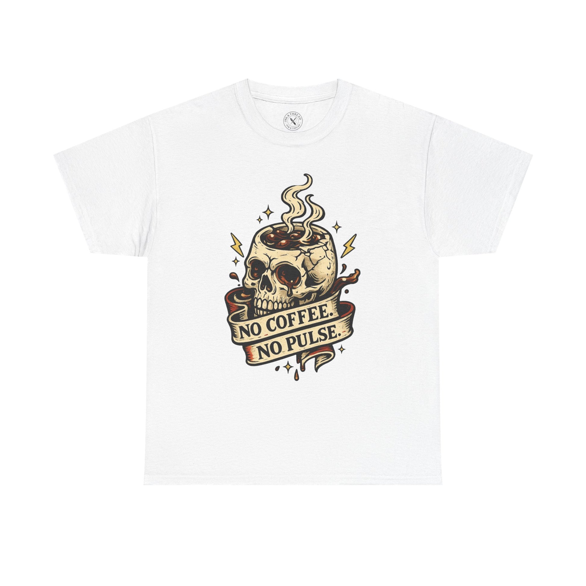 "No Coffee No Pulse" skull graphic t-shirt in white, Ink & Thread