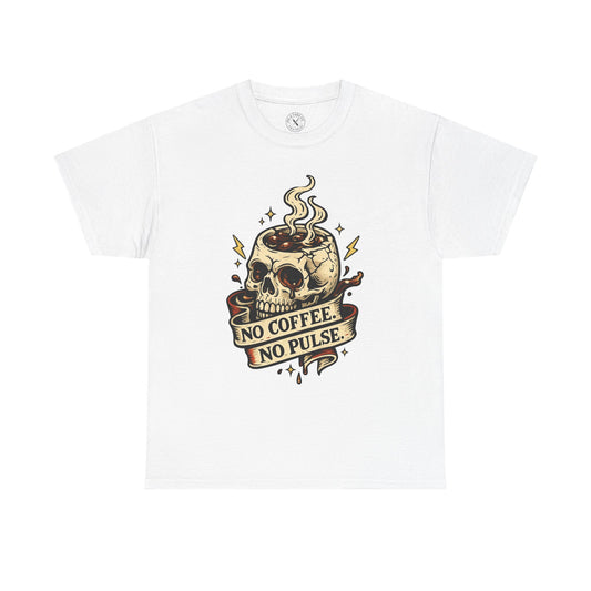 "No Coffee No Pulse" skull graphic t-shirt in white, Ink & Thread