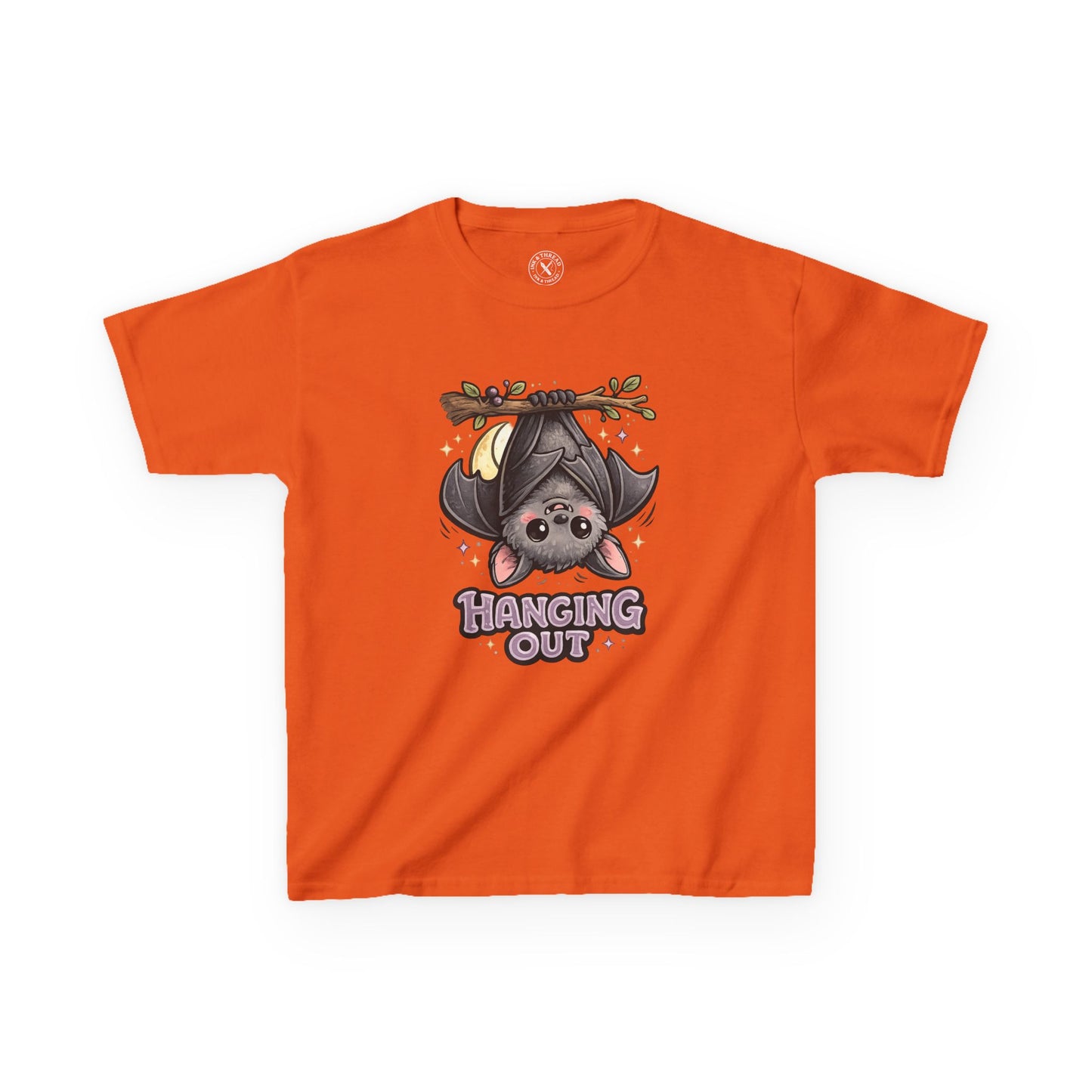 Orange t-shirt featuring a cute bat hanging upside down with Hanging Out graphic print