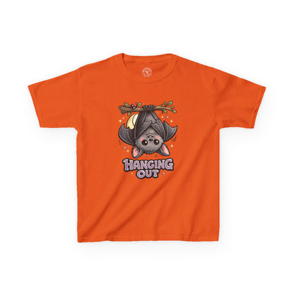 Orange t-shirt featuring a cute bat hanging upside down with Hanging Out graphic print