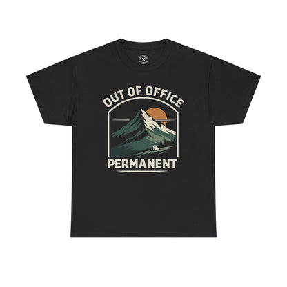 Black unisex t-shirt featuring Out of Office Permanent outdoor camping graphic with mountain peak sunset and tent design