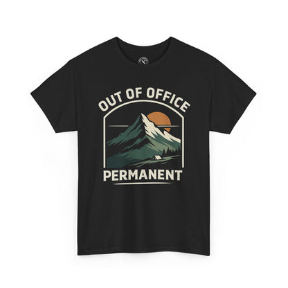 Black relaxed fit unisex t-shirt featuring Out of Office Permanent outdoor camping graphic with mountain peak sunset and tent design