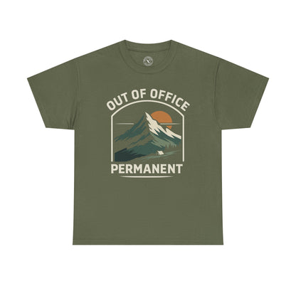 Olive green unisex t-shirt featuring Out of Office Permanent outdoor camping graphic with mountain peak sunset and tent design