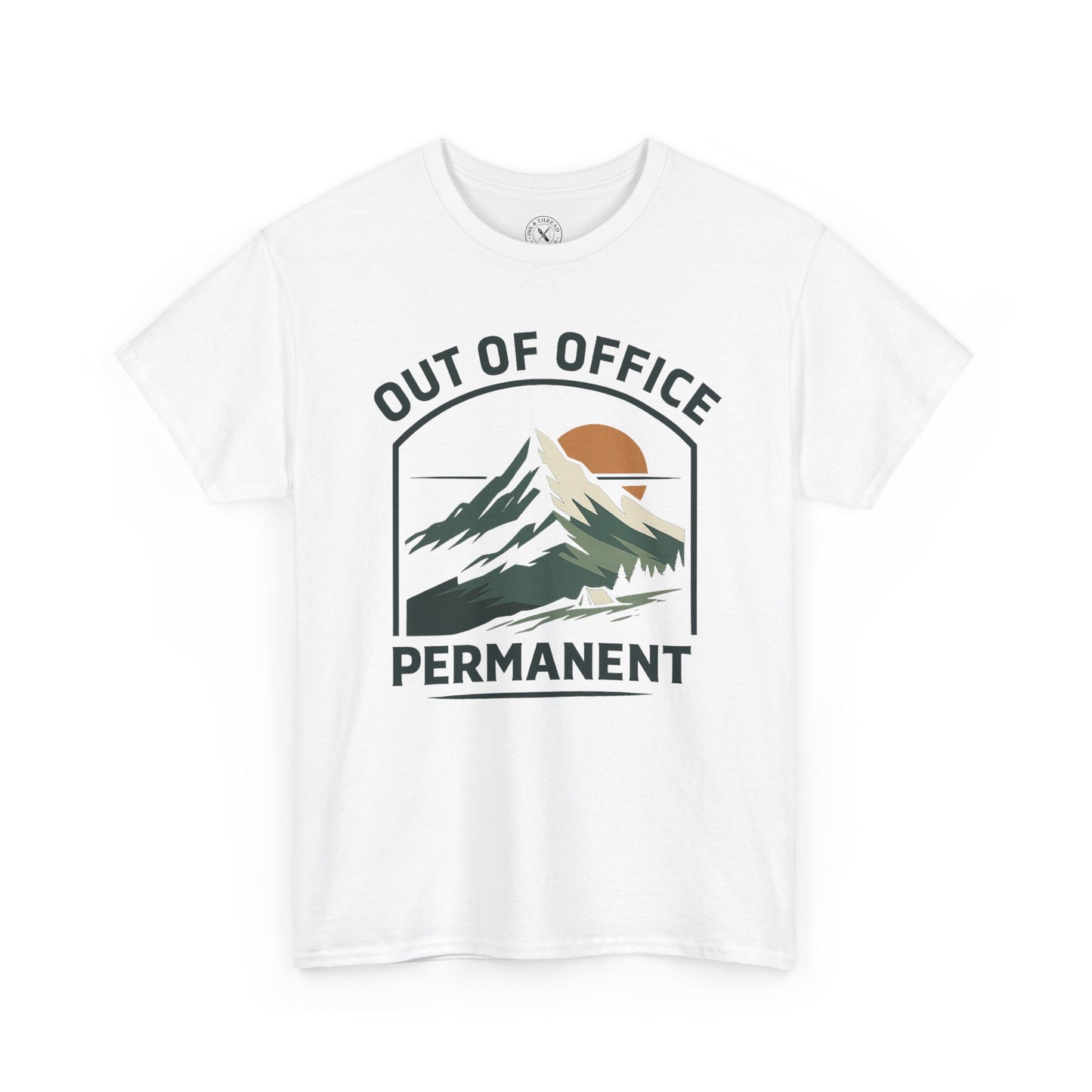 White unisex t-shirt featuring Out of Office Permanent outdoor camping graphic with mountain peak sunset and tent design