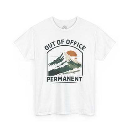 White unisex t-shirt featuring Out of Office Permanent outdoor camping graphic with mountain peak sunset and tent design