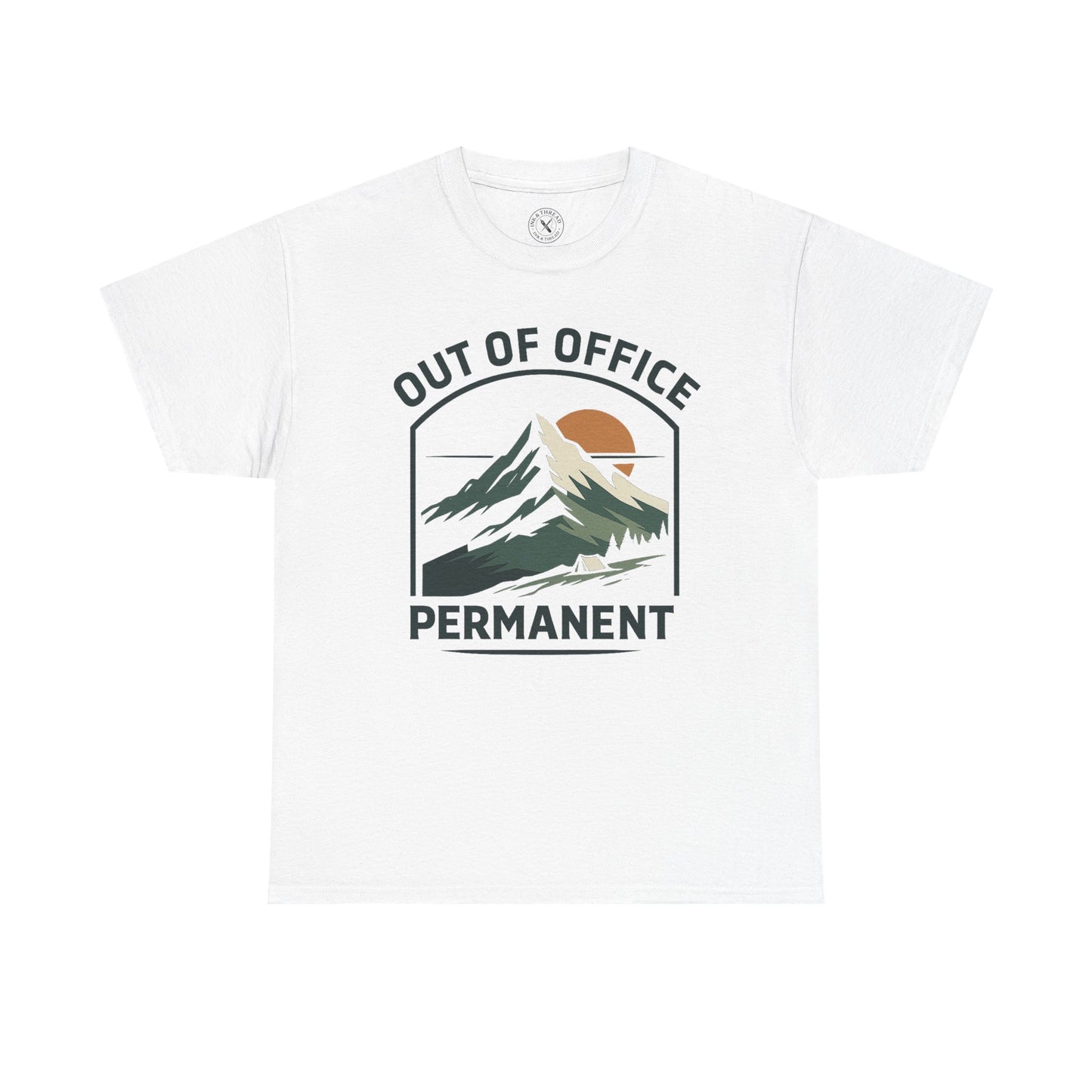 White relaxed fit unisex t-shirt featuring Out of Office Permanent outdoor camping graphic with mountain peak sunset and tent design