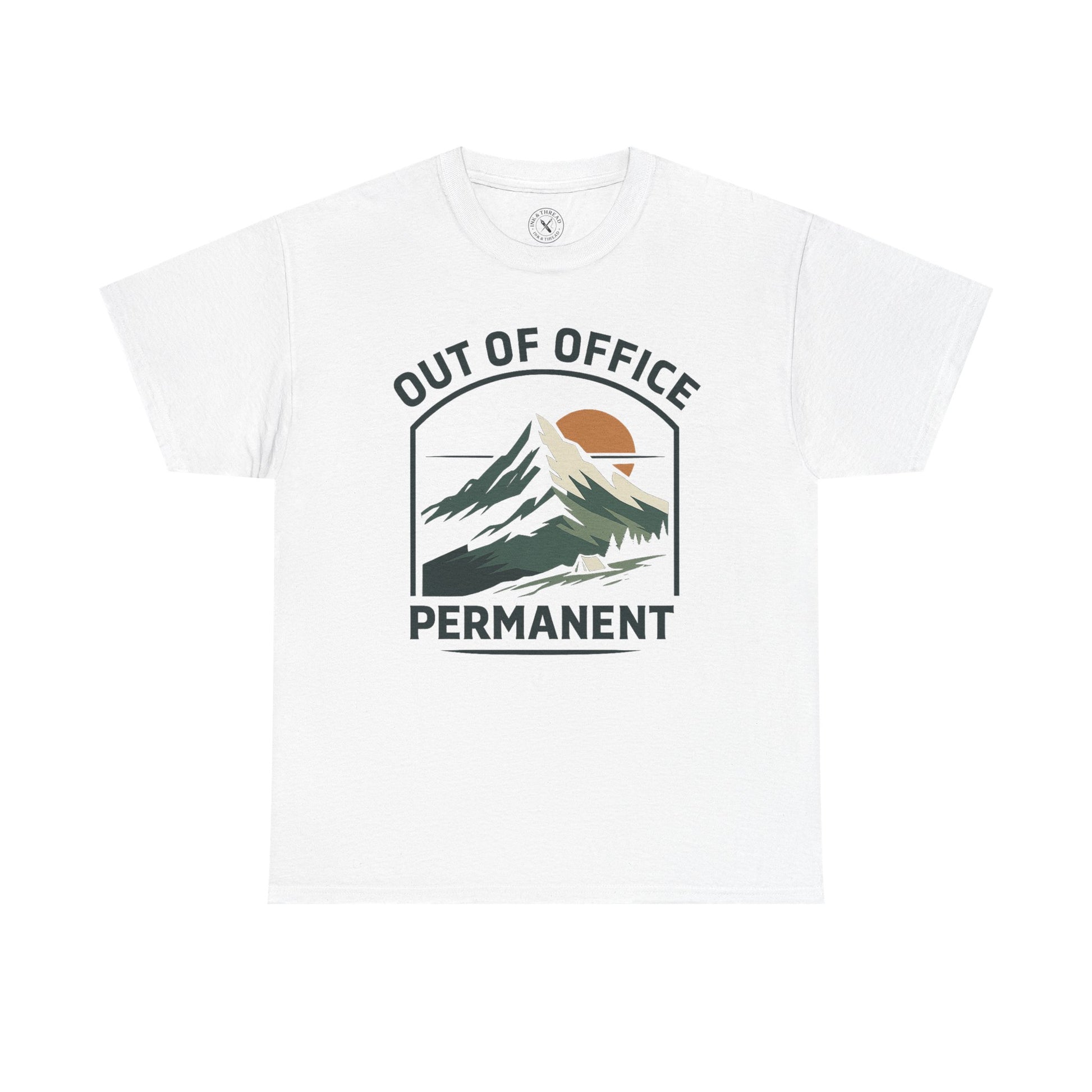 White relaxed fit unisex t-shirt featuring Out of Office Permanent outdoor camping graphic with mountain peak sunset and tent design