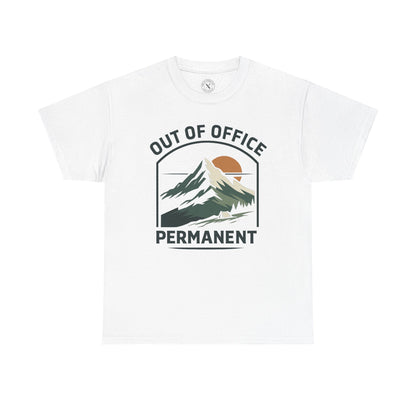 White relaxed fit unisex t-shirt featuring Out of Office Permanent outdoor camping graphic with mountain peak sunset and tent design