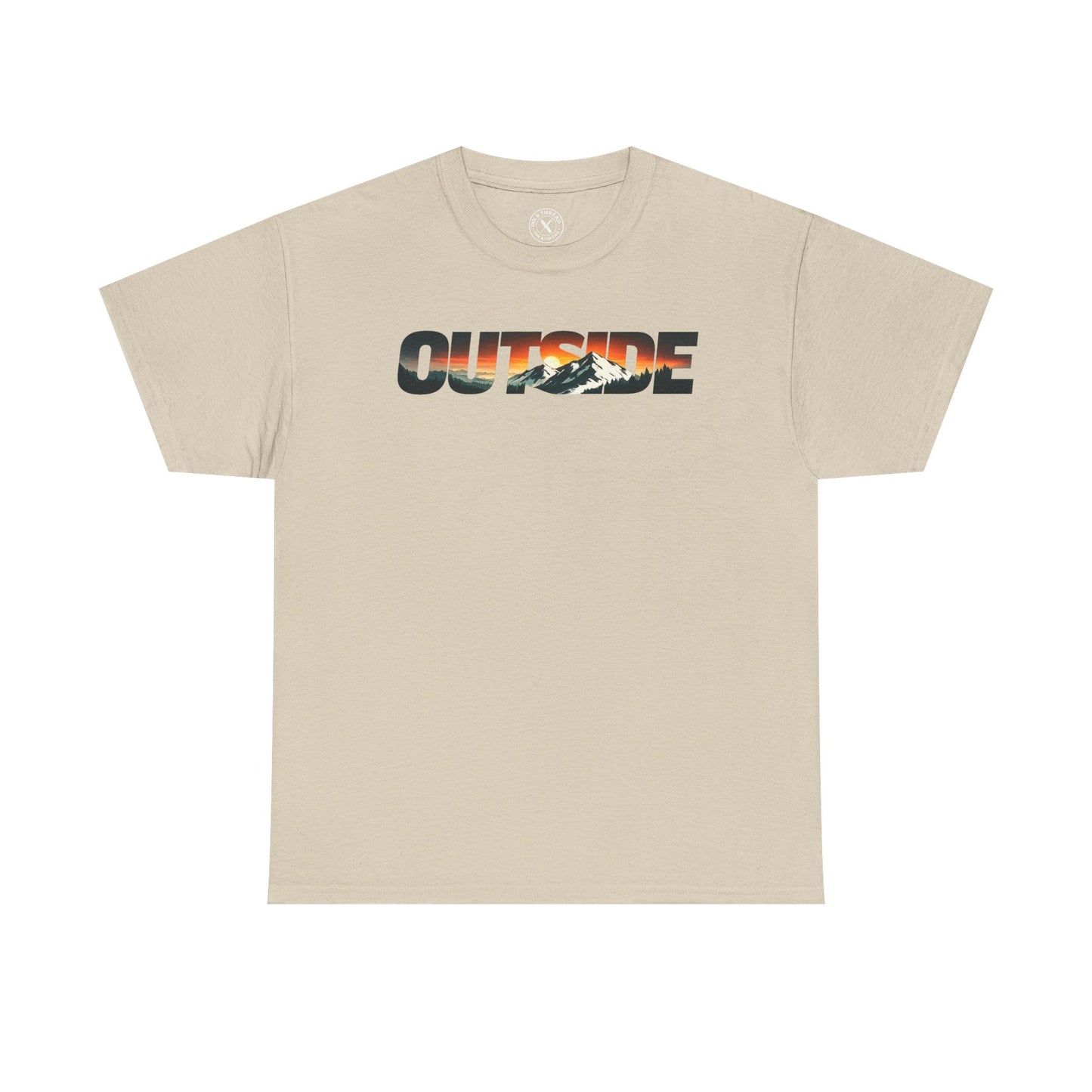 Ink and Thread UK beige t-shirt with Outside mountain sunset graphic print, front view on white background