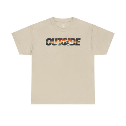 Ink and Thread UK beige t-shirt with Outside mountain sunset graphic print, front view on white background