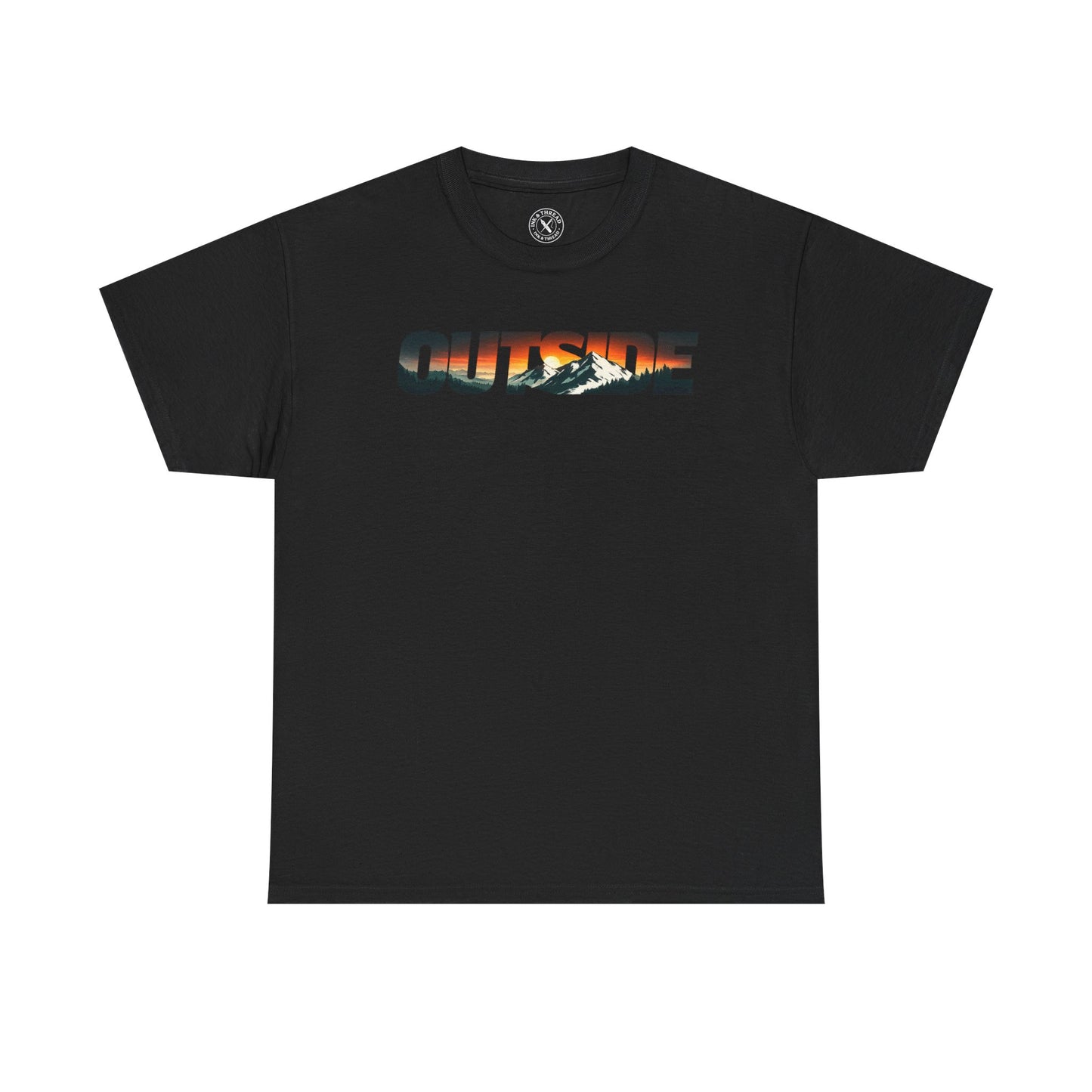 Ink and Thread UK black t-shirt with Outside mountain sunset graphic print, front view on white background