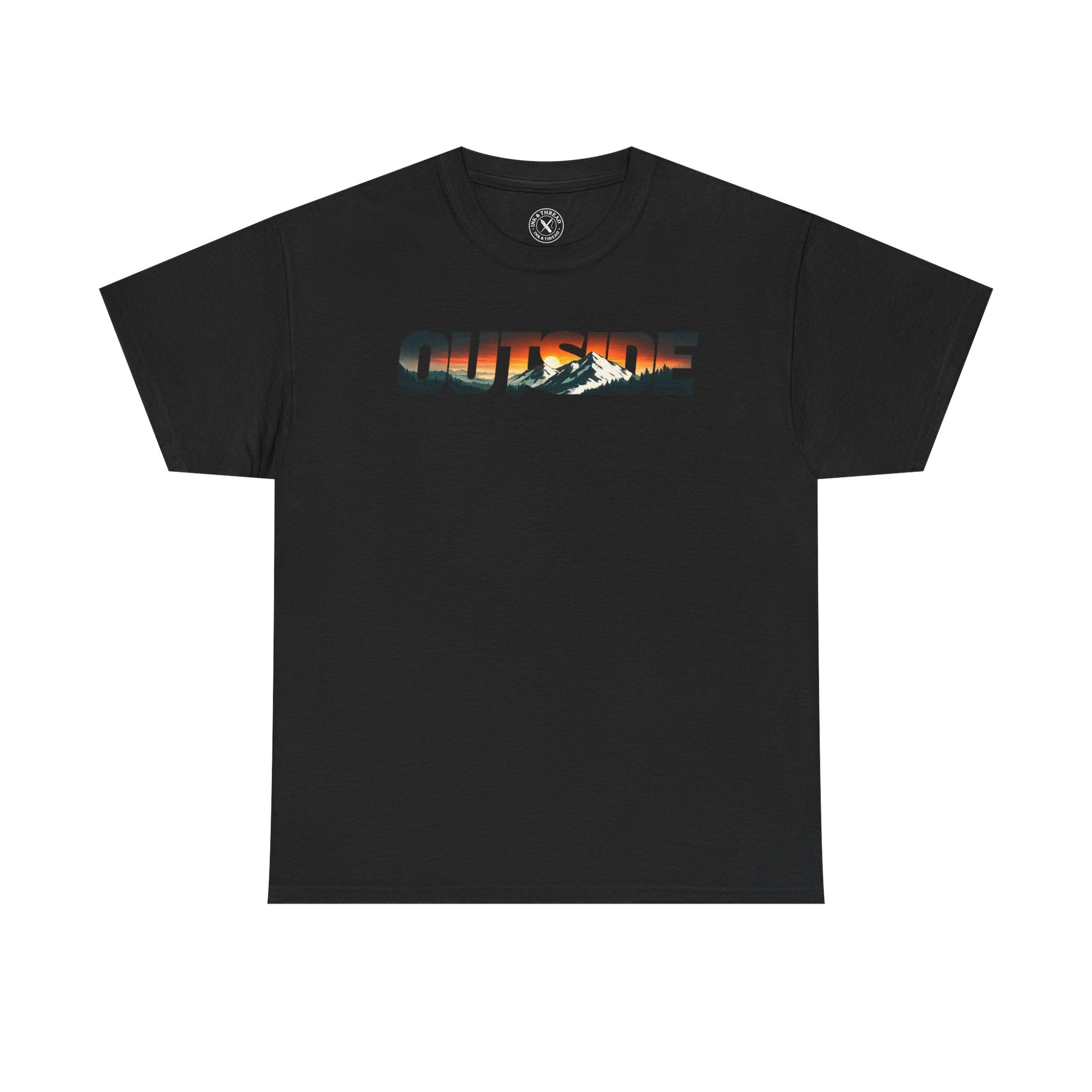 Ink and Thread UK black t-shirt with Outside mountain sunset graphic print, front view on white background