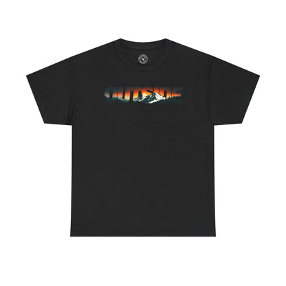Ink and Thread UK black t-shirt with Outside mountain sunset graphic print, front view on white background